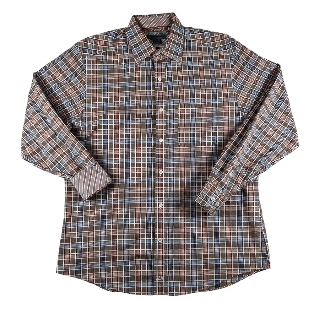 Johnston & Murphy Shirt Mens Medium Brown Plaid Tailored Fit Cotton Flip Cuff LS